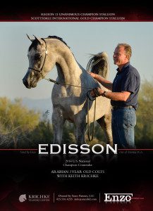 A poster for edison with a man standing next to a horse.